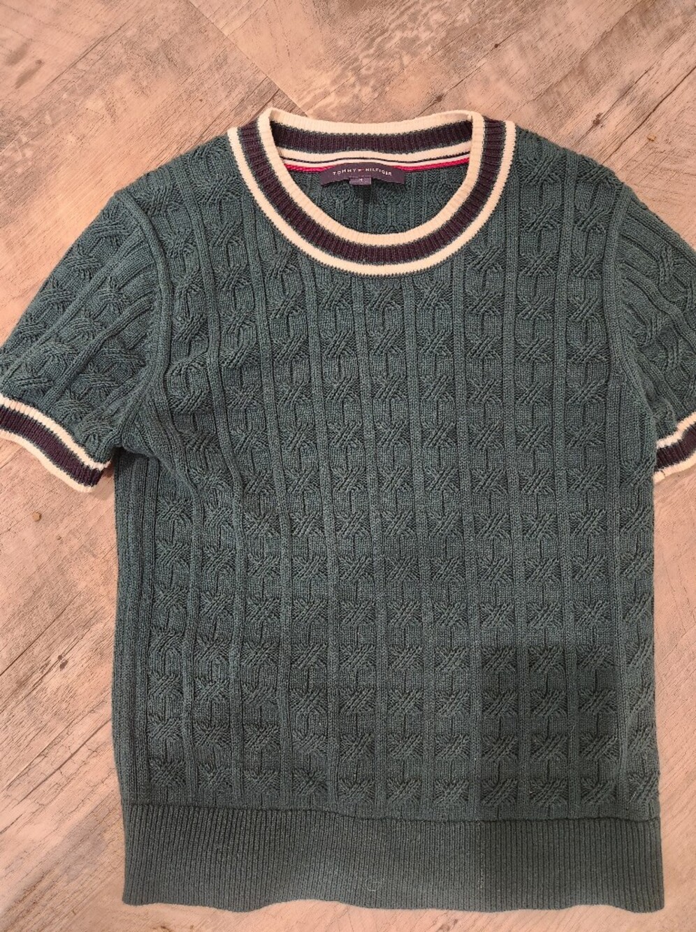 Tommy Hilfiger Green Cable-Knit Crewneck Short Sleeve Sweater